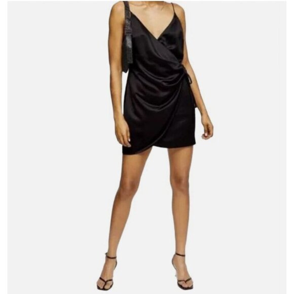 Topshop Black Satin Wrap Mini Dress Spaghetti Strap Size 2 - Picture 1 of 5